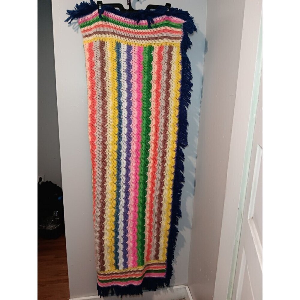 Vintage Handmade Granny Blanket Striped Scalloped Afghan Crochet Throw 50x65